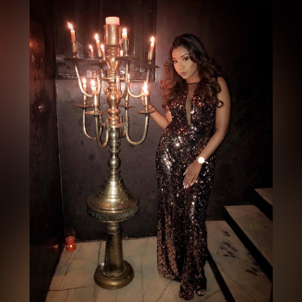 New York and Company’s Elegant Black and Copper Sequin Evening Jumpsuit